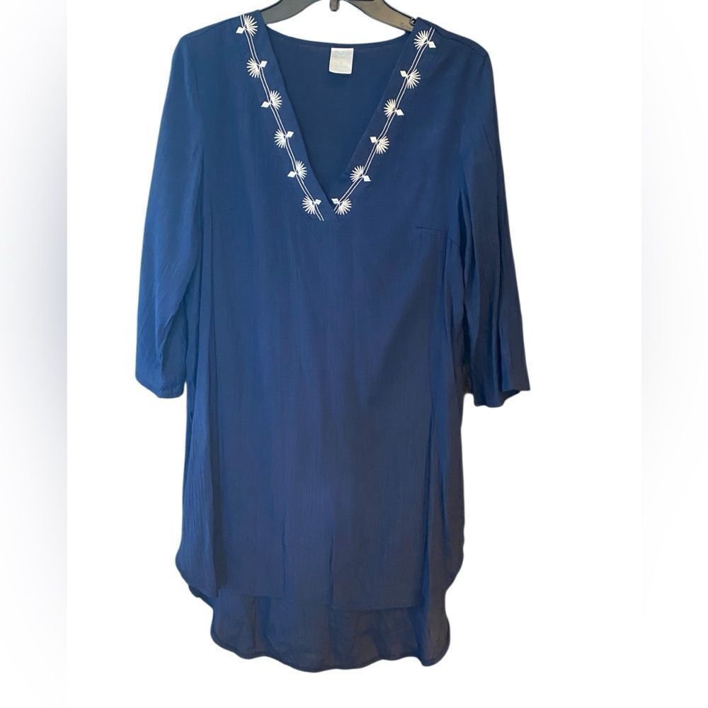 Kona Sol Sz M Navy Blue 3/4 Sleeve Embroidered V-neck Beach Swim Cover-Up Tunic